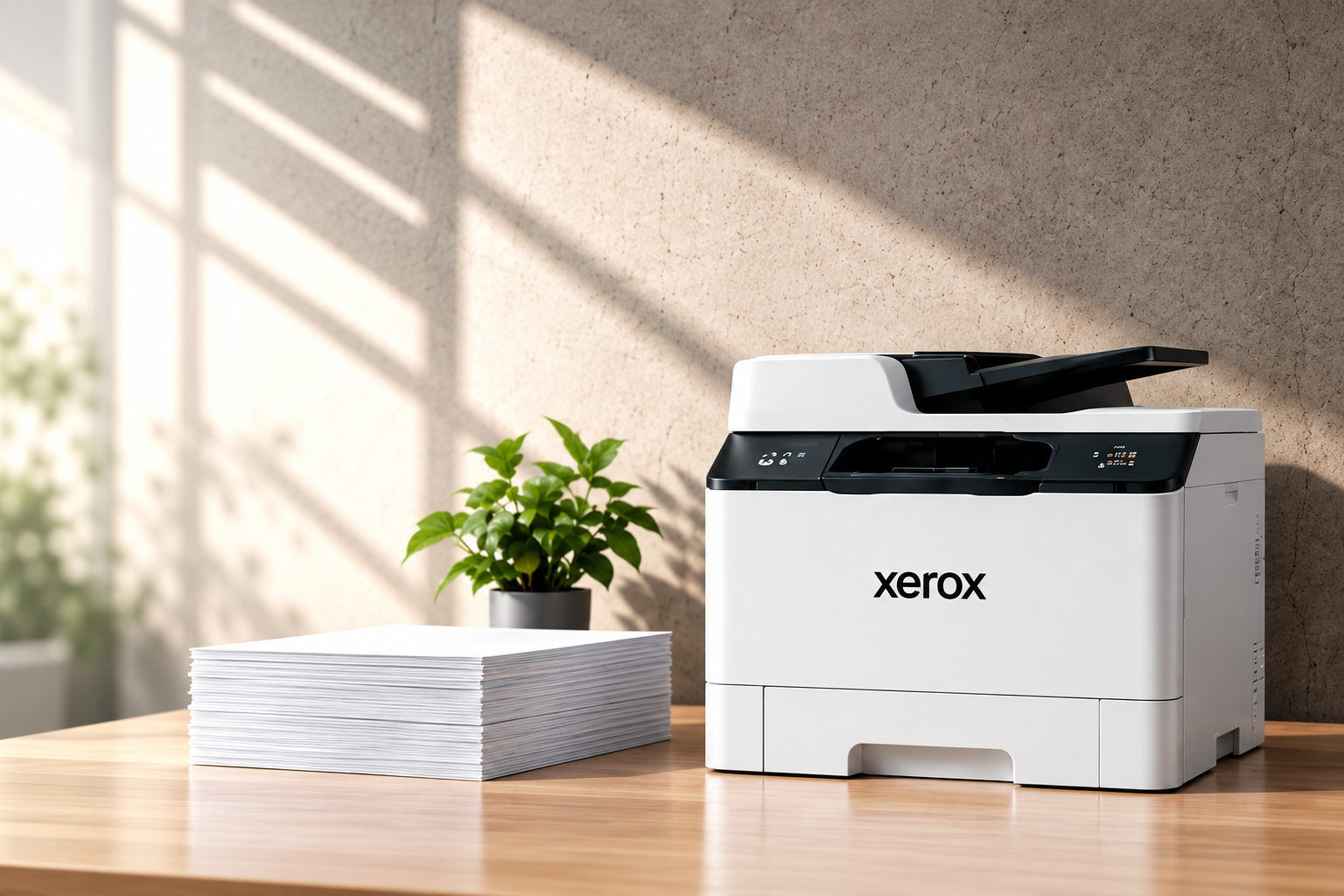 Xerox printer with paper and plant in a modern office